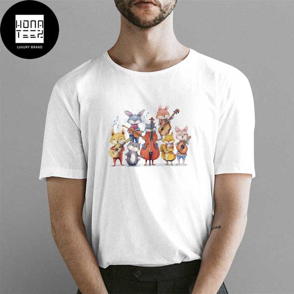 Adorable Happy Cute Animals Standing In A Row Playing Musical Instruments Classic T-Shirt