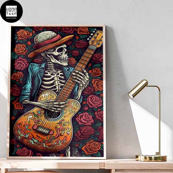 Skull Playing Guitar In The Rose Garden Vintage Home Decor Poster Canvas