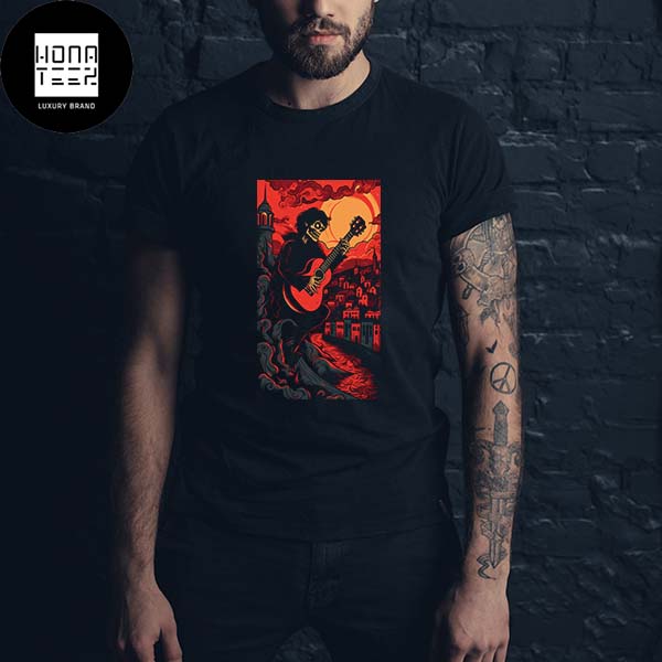Skull With Guitar In the Heaven and Hell With Red Sky Classic T-Shirt