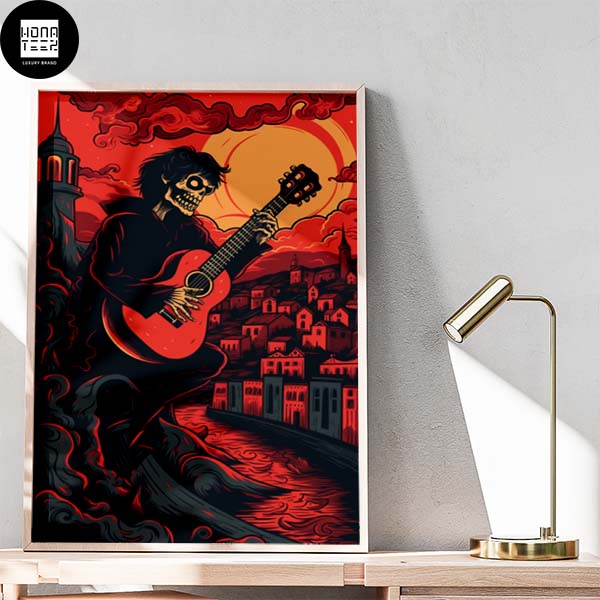 Skull With Guitar In the Heaven and Hell With Red Sky Home Decor Poster Canvas
