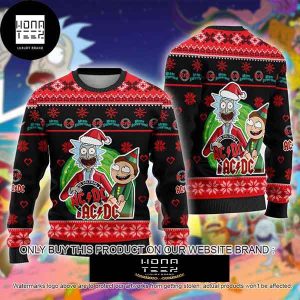 ACDC X Rick and Morty Wearing Santa Hat 2023 Ugly Christmas Sweater