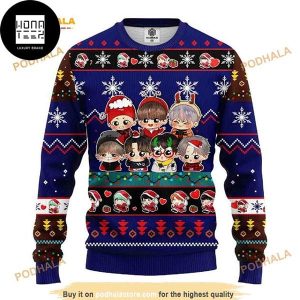 BTS Band Chibi Funny Blue Xmas Gifts 2023 Ugly Christmas Sweater