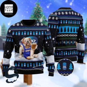 Bud Light Funny Bulldog Sitting Drink Bud Light Beer In The Snowly Night 2023 Ugly Christmas Sweater