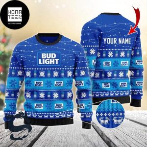 Bud Light Logo Pattern Twinkle Lights Blue 2023 Ugly Christmas Sweater