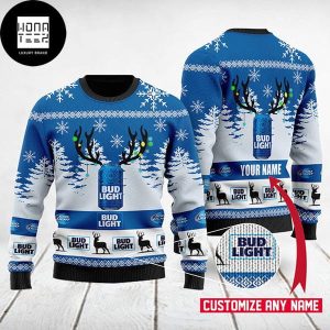 Bud Light Reindeer Cans Personalized Blue And White 2023 Ugly Christmas Sweater