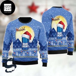 Bud Light With Santa Hat Santa Claus Sleigh Snowflakes Xmas Gifts 2023 Ugly Christmas Sweater