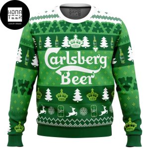 Carlsberg Beer Logo Signature White Christmas Tree Pattern 2023 Ugly Christmas Sweater