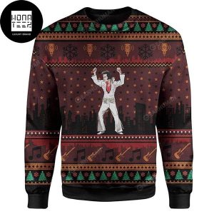 Elvis Presley Dancing With Music Notes Xmas Gifts 2023 Ugly Christmas Sweater
