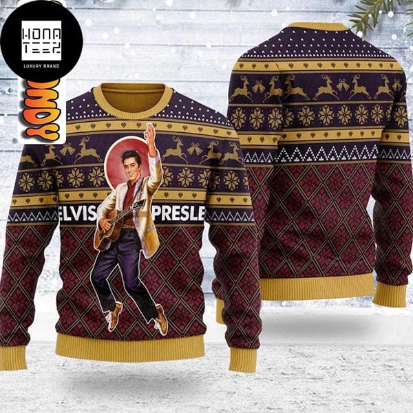 Elvis Presley Playing Guitar Xmas Gifts 2023 Ugly Christmas Sweater