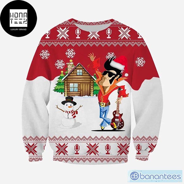 Elvis Presley With Snowman Playing Snow 2023 Ugly Christmas Sweater
