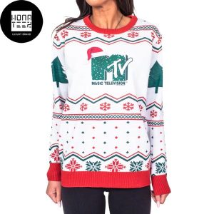 MTV Music Television Green Logo With Santa Hat Xmas Gifts 2023 Ugly Christmas Sweater