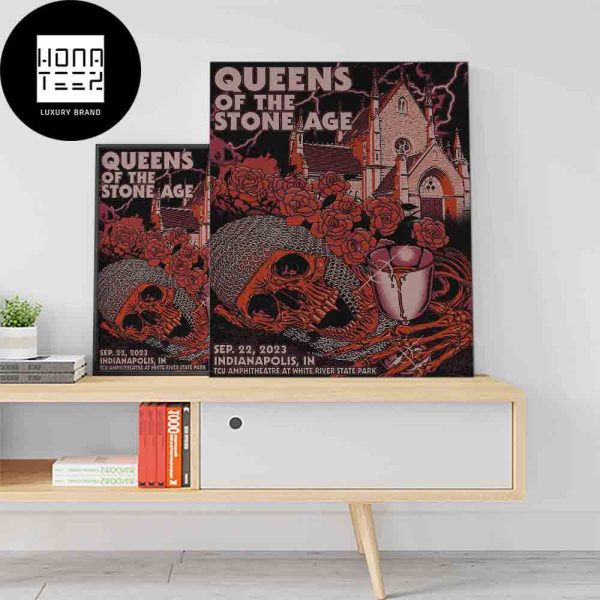 Queens Of The Stone Age Indianapolis In September 22 2023 Skull With Roses Beside Cup Of Wine Fan Gifts Home Decor Poster Canvas