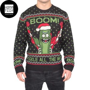 Rick And Morty Boom Pickle All The Way 2023 Green Snowflakes Ugly Christmas Sweater