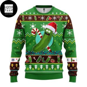 Rick And Morty Pickle Rick Santa Hat And Candy Can 2023 Ugly Christmas Sweater