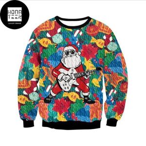Santa Play Electric Guitar Colorful Paint 2023 Ugly Christmas Sweater
