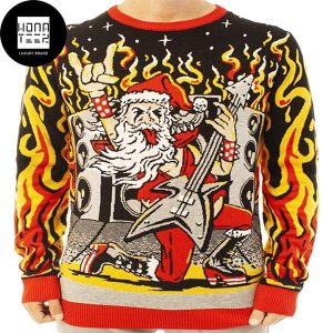 Santa Play Electric Guitar Heavy Metal 2023 Ugly Christmas Sweater