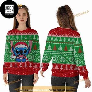 Stitch Wearing Santa Hat Christmas Tree Pattern 2023 Ugly Christmas Sweater