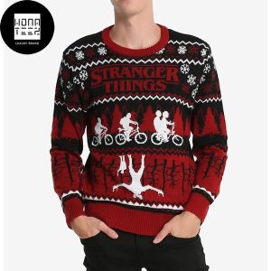 Stranger Things Cycling In The Forest Red And Black 2023 Ugly Christmas Sweater