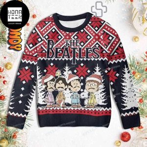 The Beatles And Snoopy Standing Under White Christmas Tree 2023 Ugly Christmas Sweater