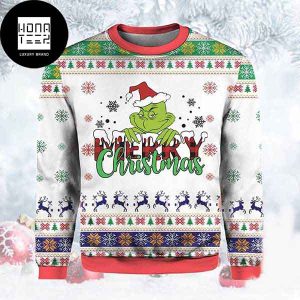 Grinch With Santa Hat Reindeer Pattern 2023 Ugly Christmas Sweater