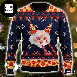 Guardians Of The Galaxy Pizza Cat With Laser Eyes Fire Pizza Pattern 2023 Ugly Christmas Sweater