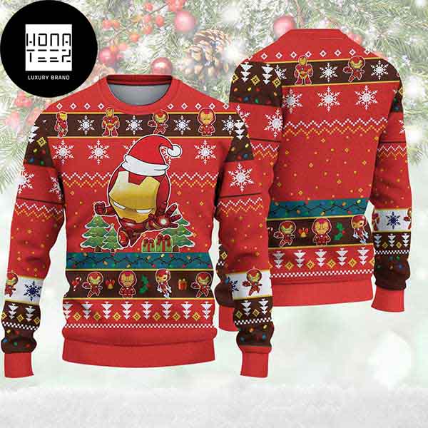 Iron Man Cute Wearing Santa Hat 2023 Ugly Christmas Sweater - Honateez