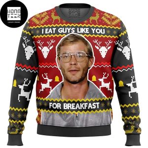 Jeffrey Dahmer I Eat Guys Like You For Breakfast Red And Yellow 2023 Ugly Christmas Sweater