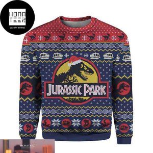 Jurassic Park Dinosaur With Santa Hat Snowflakes Pattern 2023 Ugly Christmas Sweater