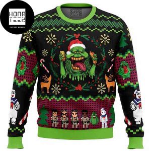Ghostbusters Slimer Wearing Christmas Hat 2023 Ugly Christmas Sweater