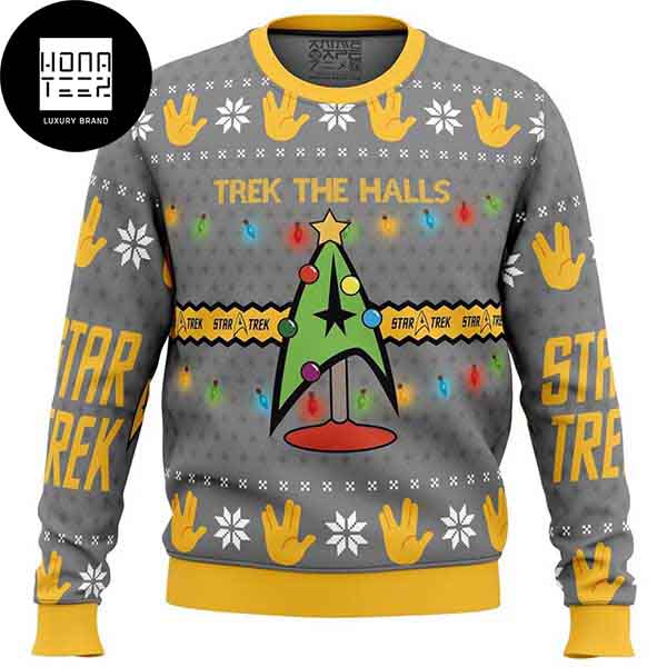 Star Trek Trek The Halls Yellow And Grey Xmas Gifts 2023 Ugly Christmas Sweater