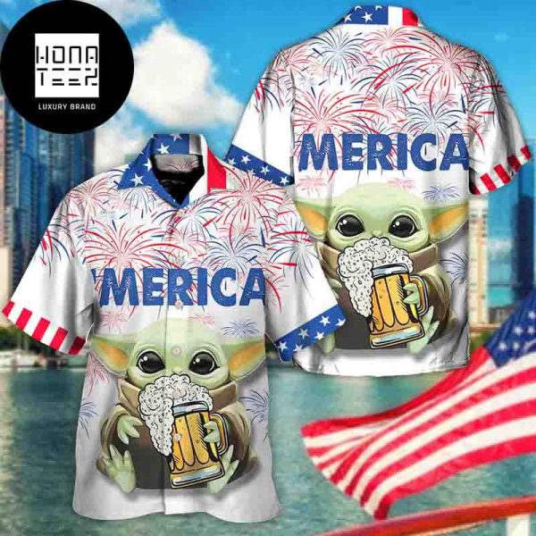 Disney Star Wars Baby Yoda With Beer 4th Of July Independence Day 2024 Trending Hawaiian Shirt