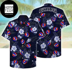 Grateful Dead Logo Tropical Leaf And Flower Black Blue 2024 Trendy Hawaiian Shirt