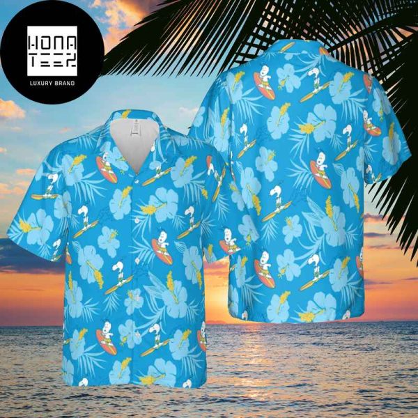 Snoopy Surfing With Tropical Floral Blue Color 2024 Trendy Hawaiian Shirt