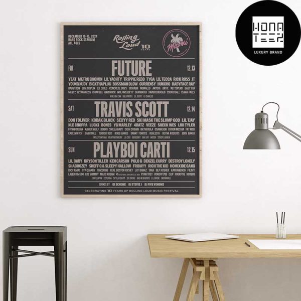 Rolling Loud 10th Aniversary at Hard Rock Stadium Miami On December 13-15 2024 Lineup Fan Gifts Home Decor Poster Canvas