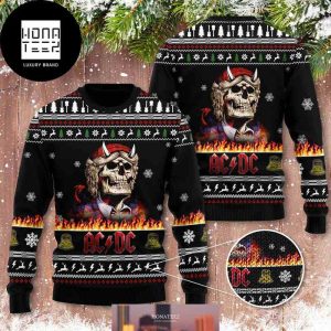 ACDC With Skull Santa Firer 2024 Ugly Christmas Sweater