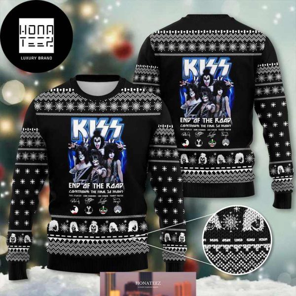 Kiss Band End Of The Road With Signature Member Black Color 2024 Ugly Christmas Sweater