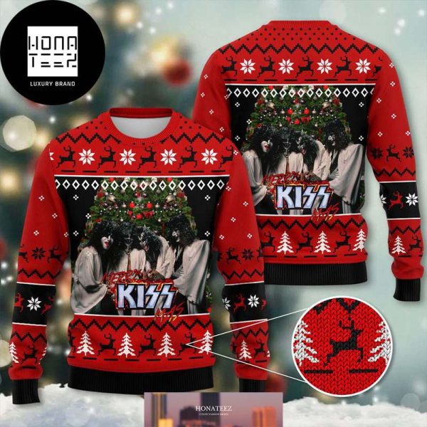 Kiss Band Merry Kissmas With White Xmas Tree Pattern 2024 Ugly Christmas Sweater