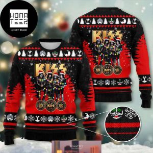 Kiss Band With Golden Logo Band And Wearing Santa Hat 2024 Ugly Christmas Sweater