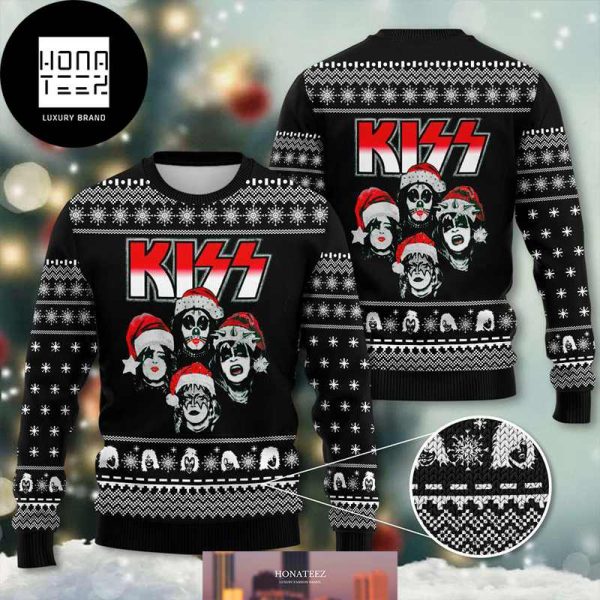 Kiss Band With Member Wear Santa Hat 2024 Ugly Christmas Sweater