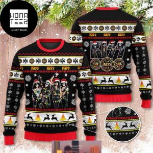 Merry Kissmas For Kiss Band Lovers With Black Reindeer Pattern 2024 Ugly Christmas Sweater