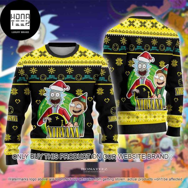 Nirvana Band And Rick And Morty Santa With Xmas Pattern Yellow Color 2024 Ugly Christmas Sweater